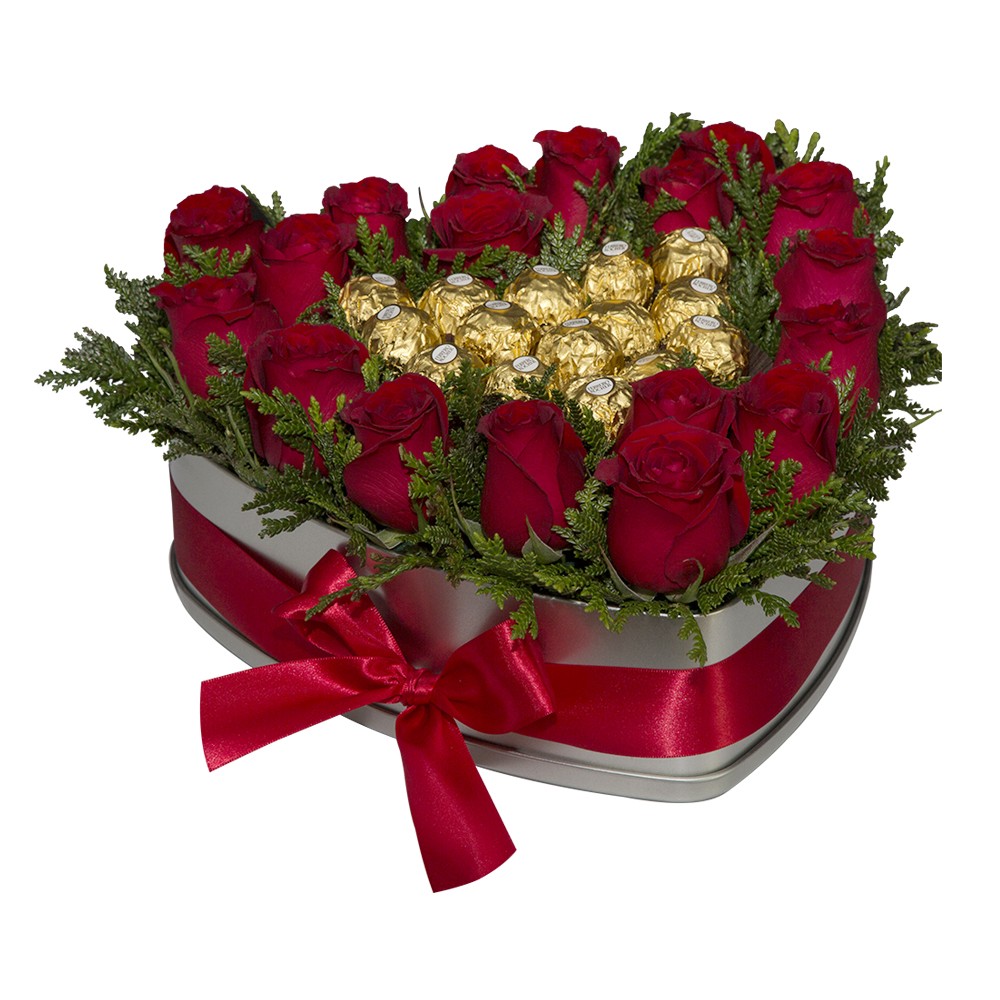 12 Rosas en Caja Corazn y Bombones Ferrero Rocher 